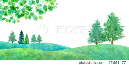 新鮮的綠色平原景觀，水彩插圖 65861477