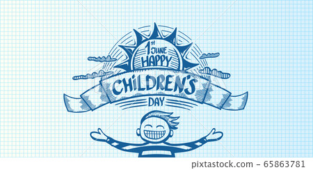 1 june international childrens day cartoon doodle style horizontal banner background. happy Children day greeting cad, icon or label. Cartoon kids day poster. Children day hand drawn banner design 65863781