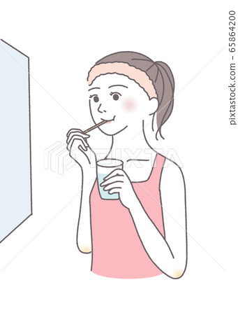 Toothpaste wash basin mirror morning preparation night preparation female illustration Toothpaste wash basin mirror morning preparation night preparation female illustration 65864200