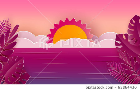 Sea waves and tropical pink leaves in the style of paper art. Vector illustration. A poster with a summer vacation in the design of paper. Sea waves and tropical pink leaves in the style of paper art. Vector illustration. A poster with a summer vacation in the design of paper. 65864430