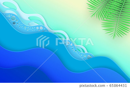 Abstract blue sea and beach summer background with paper waves and seashore. Cutted paper style. Vector illustration Abstract blue sea and beach summer background with paper waves and seashore. Cutted paper style. Vector illustration 65864431