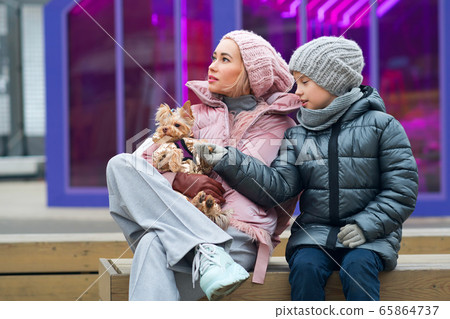 Happy family on walk the dog 65864737