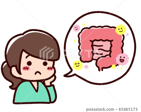 一個女人擔心她的健康語音氣球腸道和好細菌 65865173