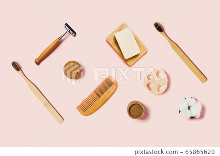 Zero waste accessories on pink background. Zero waste accessories on pink background. 65865620