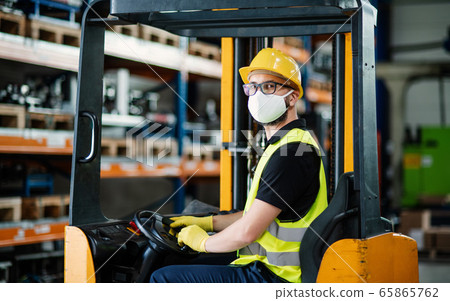 Man Worker Forklift Driver With Protective Mask Stock Photo 65865762 Pixta