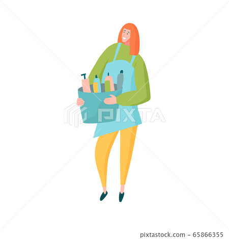 Housekeeper lady in apron holding bucket with cleaning supplies 65866355