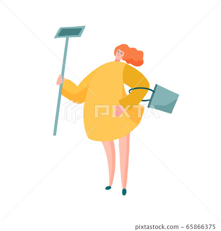 Housekeeper girl with bucket and mop in yellow dress Housekeeper girl with bucket and mop in yellow dress 65866375