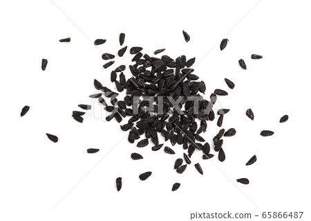 Nigella sativa or Black cumin isolated on white background. Top view. Flat lay. 65866487