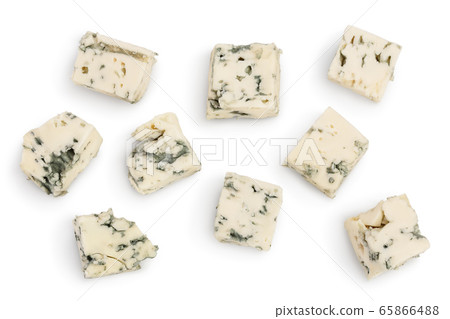 diced Blue cheese isolated on white background with clipping path and full depth of field. Top view. Flat lay. 65866488