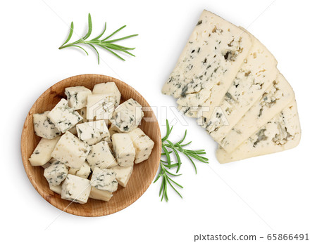 diced Blue cheese in wooden bowl isolated on white background with clipping path and full depth of field. Top view. Flat lay. diced Blue cheese in wooden bowl isolated on white background with clipping path and full depth of field. Top view. Flat lay. 65866491