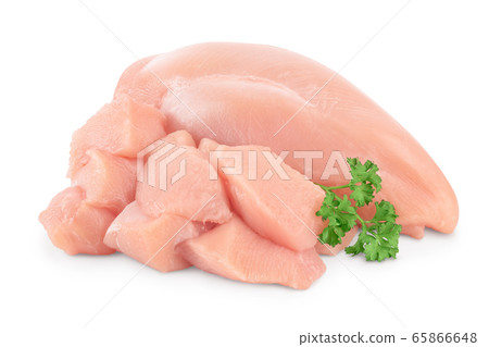 Fresh diced chicken fillet with parsley isolated on white background with clipping path and full depth of field. Fresh diced chicken fillet with parsley isolated on white background with clipping path and full depth of field. 65866648