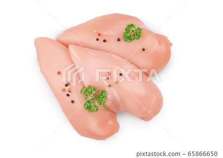 Fresh chicken fillet with parsley isolated on white background with clipping path and full depth of field. Top view. Flat lay Fresh chicken fillet with parsley isolated on white background with clipping path and full depth of field. Top view. Flat lay 65866650