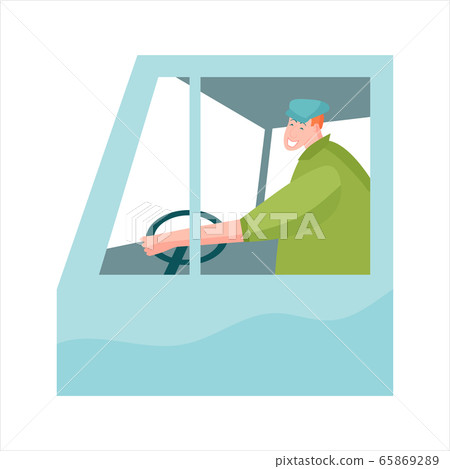 Truck driver in cabin with steering wheel Truck driver in cabin with steering wheel 65869289