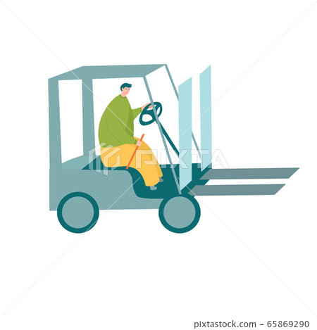 Forklift driver in yellow pants and green shirt operating modern forklift machine 65869290