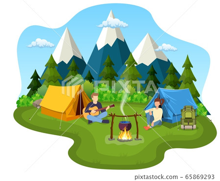 Group of young people are sitting around campfire 65869293