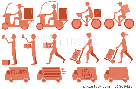 Silhouette illustration of deliveryman, bicycle and truck 65869423