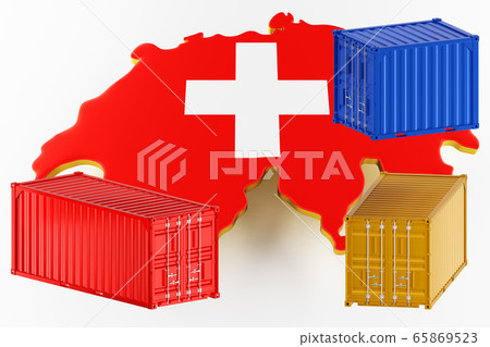 Map of Switzerland land border with flag. Freight shipping in containers. 3d rendering Map of Switzerland land border with flag. Freight shipping in containers. 3d rendering 65869523