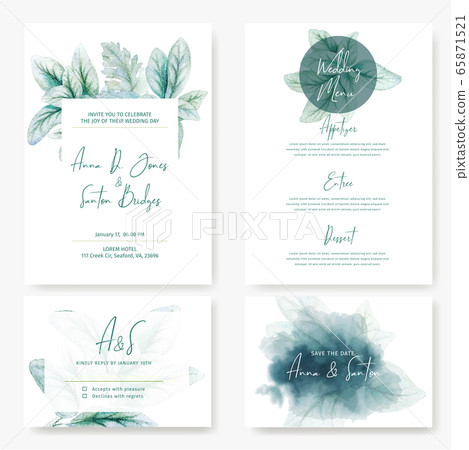 Wedding kit cardswith watercolor lamb ear leaves Wedding kit cardswith watercolor lamb ear leaves 65871521