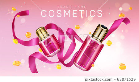 Perfume bottles with pink ribbon and confetti 65871529
