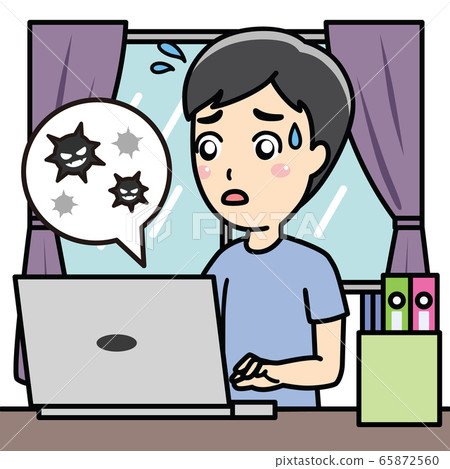 一名病毒被入侵家用電腦的人迷惑的插圖 一名病毒被入侵家用電腦的人迷惑的插圖 65872560