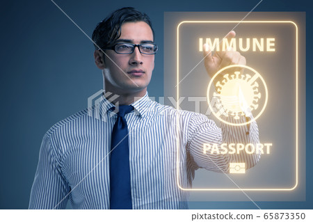 Concept of immunity passport - pressing virtual button Concept of immunity passport - pressing virtual button 65873350