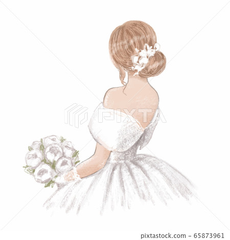 Beautiful bride with a bouquet of peonies. Hand drawn illustration in classic vintage style 65873961