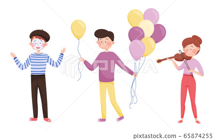 Young Street Performers with Girl Playing Violin and Boy Miming Vector Set 65874255