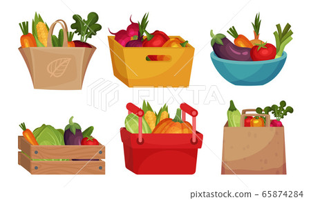 Fresh Vegetables in Paper Bag and Plastic Basket Vector Set Fresh Vegetables in Paper Bag and Plastic Basket Vector Set 65874284