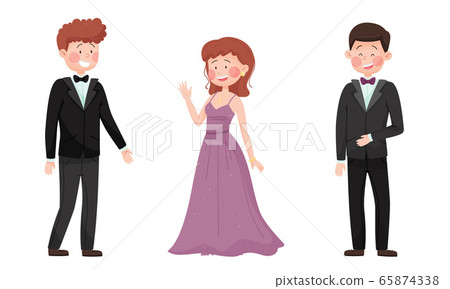 Man and Woman Characters Dressed in Elegant Attire at Social Evening or Red Carpet Reception Vector Illustrations Set 65874338