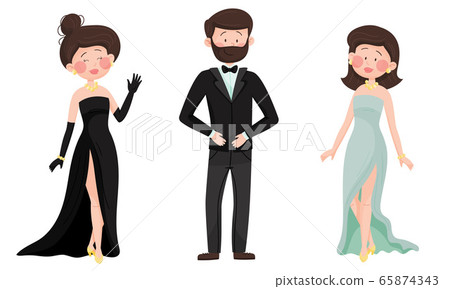 Man and Woman Characters Dressed in Elegant Attire at Social Evening or Red Carpet Reception Vector Illustrations Set 65874343