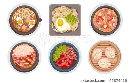Asian Food with Noodle Soup and Seafood Dishes Served on Plate Top View Vector Set 65874416