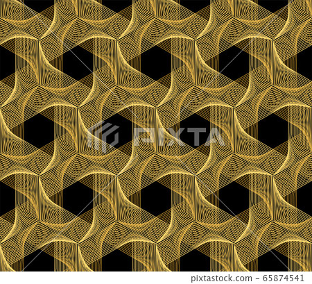 Guilloche vector seamless pattern with stars. Golden and black background with thin lines 65874541