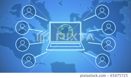 International communication. Illustration with laptop, virtual community icons and world map on blue background, panorama International communication. Illustration with laptop, virtual community icons and world map on blue background, panorama 65875725