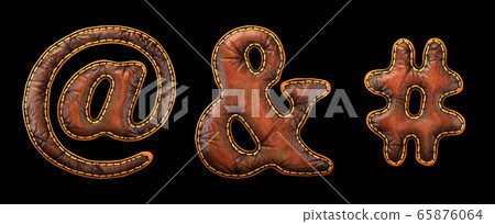 Set of symbols at, ampersand, hash made of leather. 3D render font with skin texture isolated on black background. Set of symbols at, ampersand, hash made of leather. 3D render font with skin texture isolated on black background. 65876064