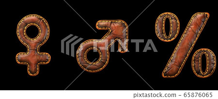 Set of symbols female, male, percent made of leather. 3D render font with skin texture isolated on black background. Set of symbols female, male, percent made of leather. 3D render font with skin texture isolated on black background. 65876065