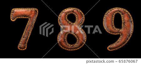 Set of numbers 7, 8, 9, made of leather. 3D render font with skin texture isolated on black background. Set of numbers 7, 8, 9, made of leather. 3D render font with skin texture isolated on black background. 65876067