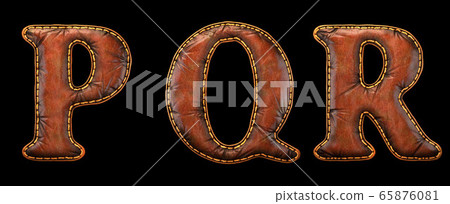 Set of leather letters P, Q, R uppercase. 3D render font with skin texture isolated on black background. 65876081