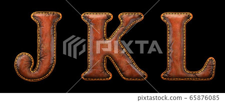 Set of leather letters J, K, L uppercase. 3D render font with skin texture isolated on black background. Set of leather letters J, K, L uppercase. 3D render font with skin texture isolated on black background. 65876085