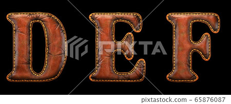 Set of leather letters D, E, F uppercase. 3D render font with skin texture isolated on black background. 65876087
