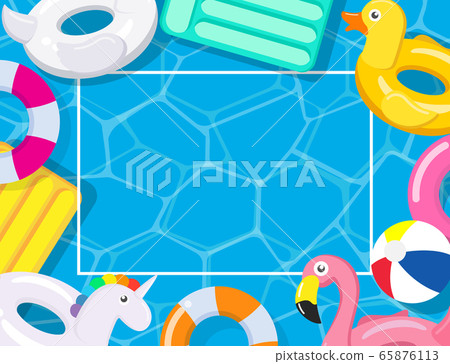 Pool party frame with pool floats on swimming pool 65876113