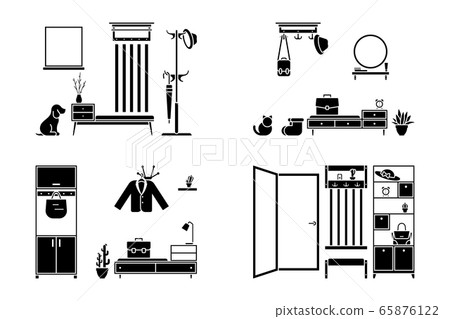 Apartment hallway design vector illustration icon set. Foyer entrance black and white cut out flat style silhouette pictogram 65876122