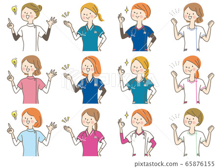 Young woman doctor nurse chiropractor lab coat facial expression set 65876155