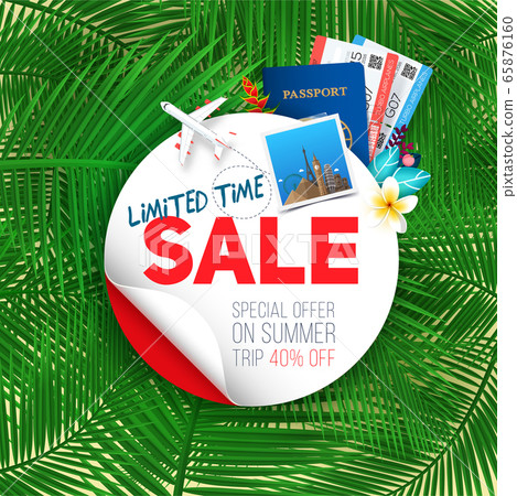 Limited time sale. Summer banner on exotic palm leaf background. Discount and sale template, Best offer on summer travel. Vector illustration Limited time sale. Summer banner on exotic palm leaf background. Discount and sale template, Best offer on summer travel. Vector illustration 65876160