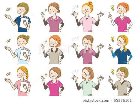 Young woman doctor nurse chiropractor lab coat facial expression set Young woman doctor nurse chiropractor lab coat facial expression set 65876161