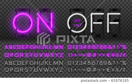 Big purple neon set, glowing alphabet, vector Font. Glowing text effect. On and Off lamp. Neon Numbers and punctuation marks. isolated on transparent background. Big purple neon set, glowing alphabet, vector Font. Glowing text effect. On and Off lamp. Neon Numbers and punctuation marks. isolated on transparent background. 65876185