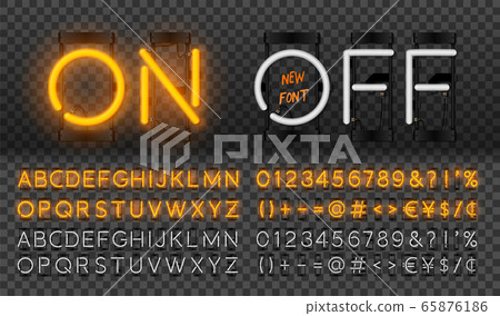 Big orange neon set, glowing alphabet, vector Font. Glowing text effect. On and Off lamp. Neon Numbers and punctuation marks. isolated on transparent background. Big orange neon set, glowing alphabet, vector Font. Glowing text effect. On and Off lamp. Neon Numbers and punctuation marks. isolated on transparent background. 65876186