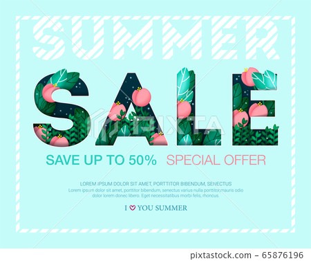 Design banner with summer sale. Inscription with leaves and flowers. Special offer with summer plants. can be used for magazine, online, store. Vector illustration. 65876196