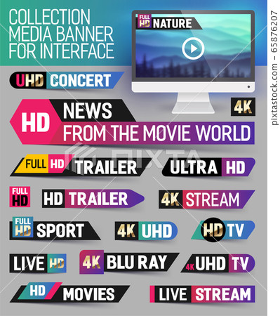 Collection media banner for interface, live news, breaking news, full hd trailer, news label, ultra HD, Sport, live stream inscription. Vector Illustration. 65876207