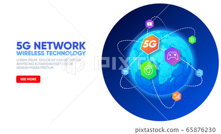 Planet earth with icons around. 5G network wireless technology. Telecommunications communication standard of the new generation. Fifth generation of mobile communication. High-speed mobile Internet. 65876230