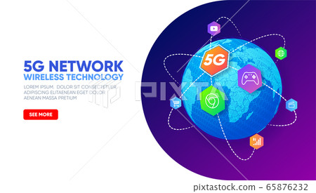 Planet earth with icons around. 5G network wireless technology. Telecommunications communication standard of the new generation. Fifth generation of mobile communication. High-speed mobile Internet. 65876232